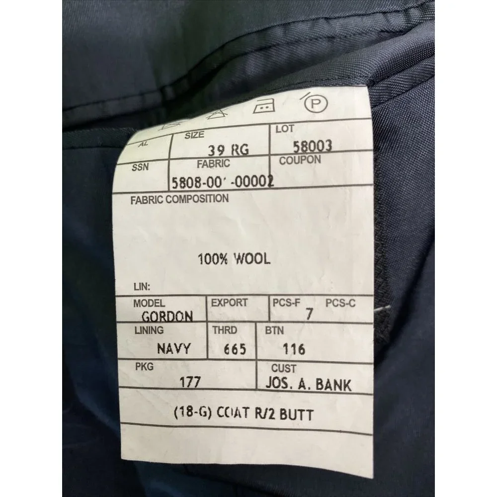 Jos A Bank Gordon Solid Black 100% Wool 2 Button Jacket Blazer 39R